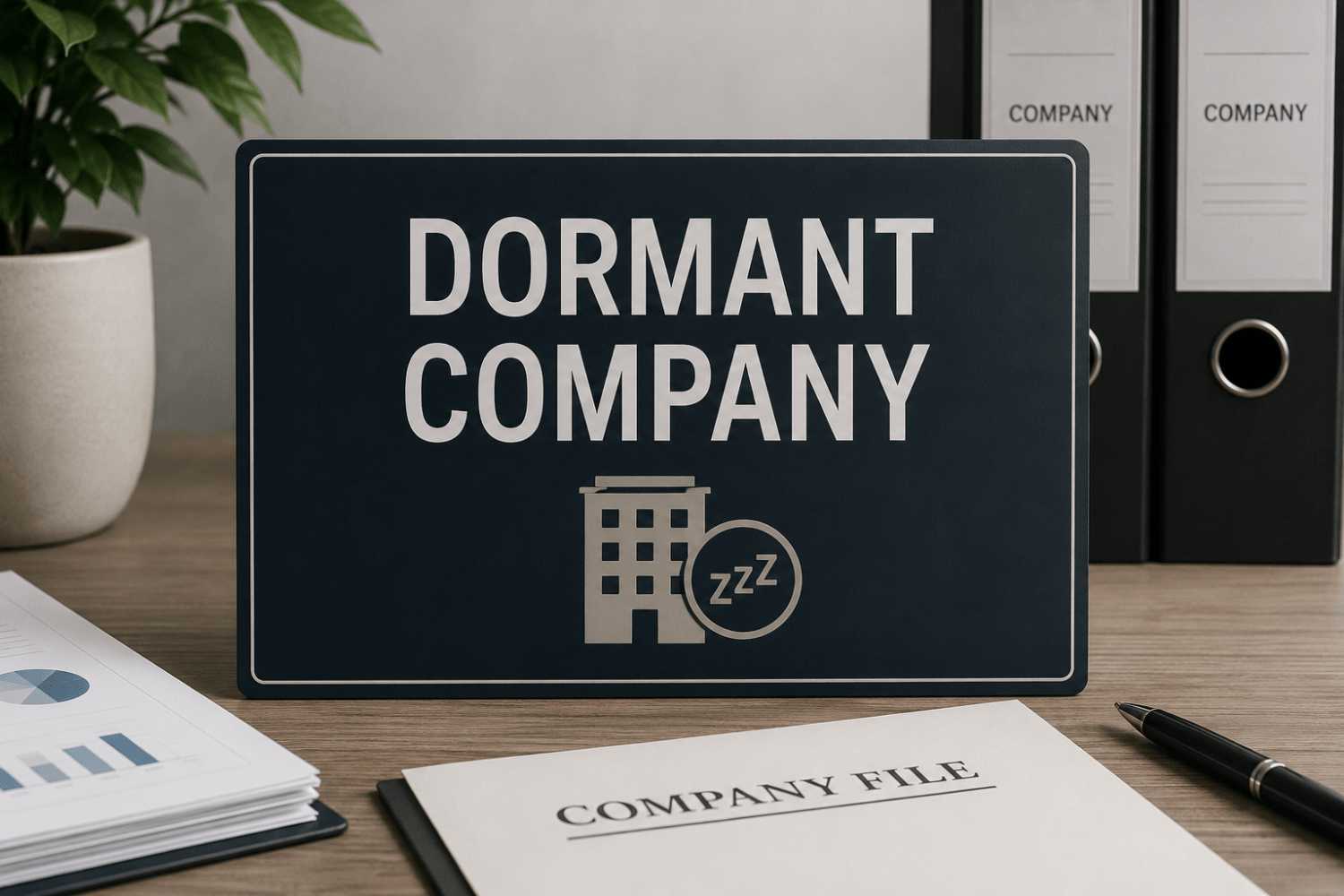 Sign reading 'DORMANT COMPANY' with a small building and zzz icon on a desk, indicating an inactive business document.
