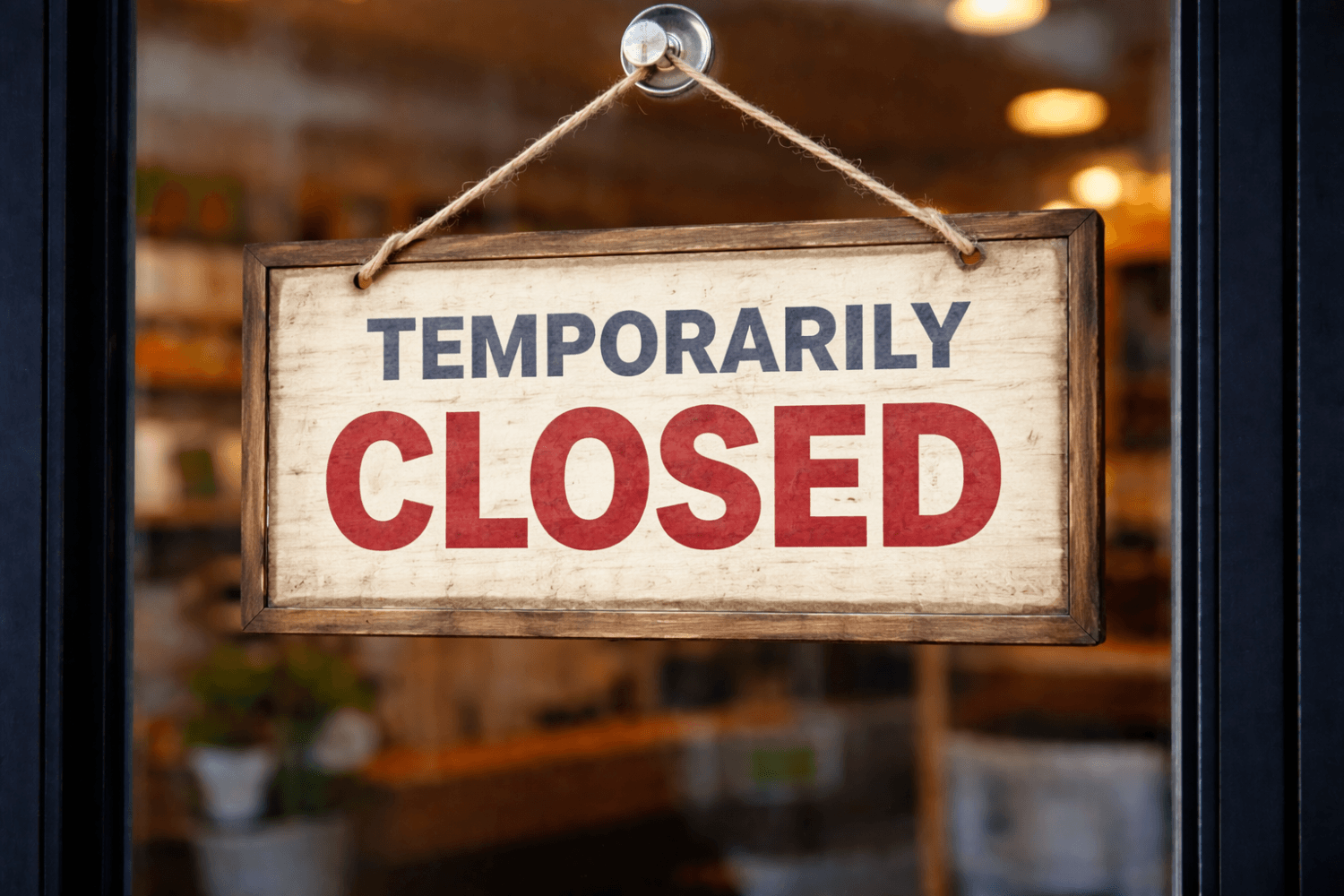 Wooden sign reading 'Temporarily Closed' hanging on a shop door.